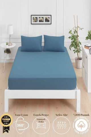 Mirava Premium %100 Pamuk Penye Lastikli Tek Kişilik Çarşaf Takımı 1 Yastık Kılfı Dahil İndgo Mavi 120x200cm Indigo