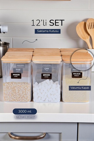 12 Li Ahşap Vakumlu Kapaklı Erzak Saklama Kavanozu Saklama Kabı 3 Lt 12 Li Ahşap Vakumlu Kapaklı Erzak Saklama Çok Renkli