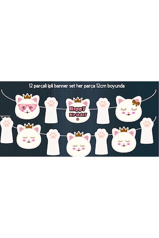 32 Parça Kedi Beyaz Sevimli Kedi Doğum Günü Seti Banner +pasta Kürdanı+ Cupcake Süsü Seti +0