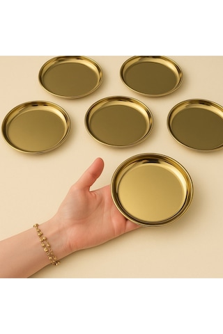 6 Adet 12 Cm Gold Yuvarlak Paslanmaz Çelik,lokumluk,ikramlık, Pasta Servis,kahve Fincan Altlığı Gold