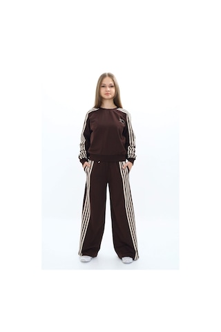 Kız Çocuk %100 Pamuk Uzun Kol Oversize Alt&üst Eşofman Takımı-eşt-0027 Kahverengi