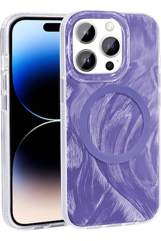 Apple Uyumlu iPhone 14 Pro Max İle Kılıf Magsafe Şarj Özellikli Fırça Boya Desenli Kapak