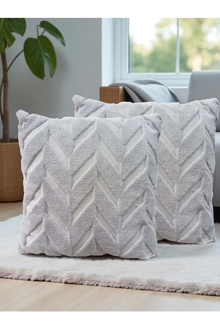 İskandinav Stil Peluş Yumuşak Dokulu Dekoratif Kırlent Kılıfı 2 Li Set 43x43 Cm Gri Balıksırtı