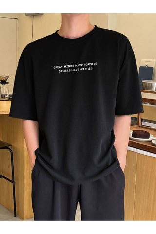T-shirt - Baskılı Oversize Bisiklet Yaka Kısa Kol Beyaz Tişört Siyah