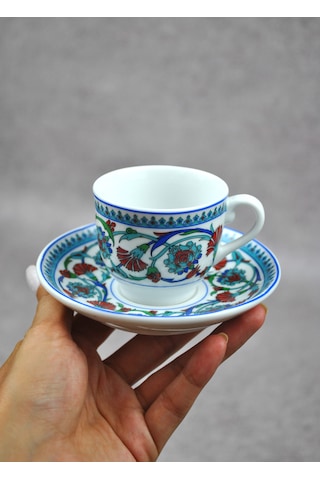 2 Kişilik 4 Parça Çini Motifli Porselen Lale Türk Kahve Fincanı