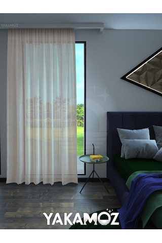 Krem Renk Keten Görünümlü Ekstraforlu Tül Perde Linen Touch Serisi Krem