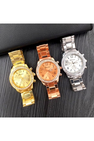 Padalink Bayanlar İçin Gümüş Rose Altınlı, Üç Gözlü, Taşlı, Dayanıklı Çelik Kordonlu, Stiliş Günlük & Özel Etkinlikler Kol Saati Diğer