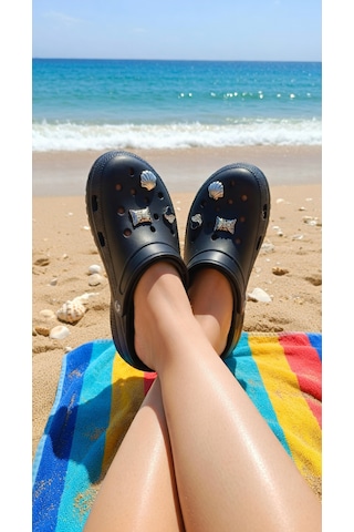 Stil Shoes Kadın Croks Eva Terlik Hafif Rahat Şık Taşlı Yumuşak Terlik Siyah
