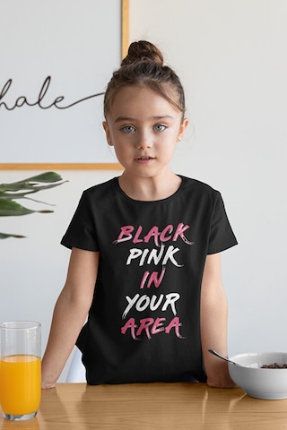 Sevbano Unisex Black Pink In Your Area Yazılı Müzik Grubu Çocuk Tişört 1 Siyah