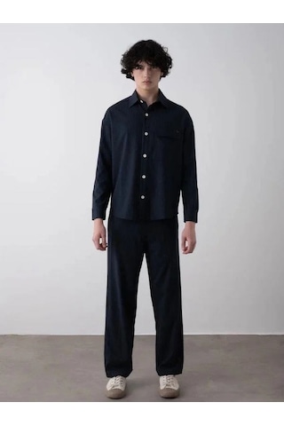 Erkek Teenage Oversize Çizgili Gömlek Pantolon Takım-15545 Lacivert