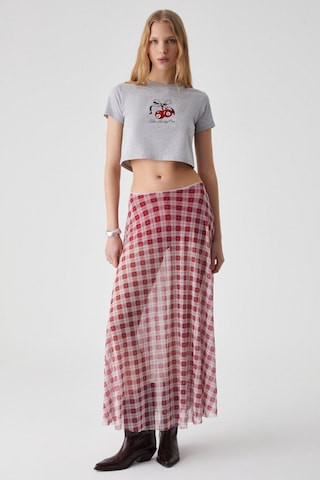 Grımelange Julıano Kadın Yüksek Bel Çizgili Oversize Kırmızı Etek Kırmızı