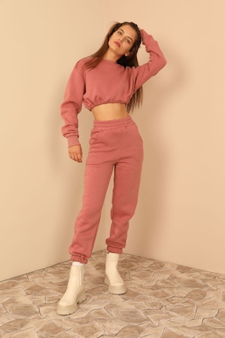 Kaktüs Moda Şardonlu 3 Iplik Kumaş Uzun Kol Kadın Sweatshirt Pemb