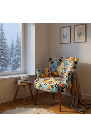 Roma Modern Tekli Koltuk Berjer - Dijital Baskılı Kumaş - Ahşap Ayak - Baykuş Desen Baykuş