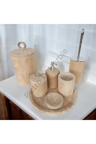 Sarı Traverten Klasik Model 7 Parça Gümüş Renk Halka Aksesuarlı Banyo Seti Sarı Traverten