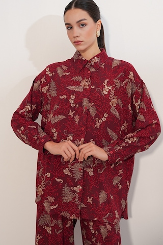 Bigdart Kadın Desenli Oversize Gömlek Pantolon İkili Takım 30098 - Bordo