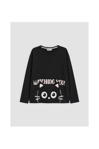 Lcw Young Siyah Bisiklet Yaka Baskılı Kadın Pijama Takım