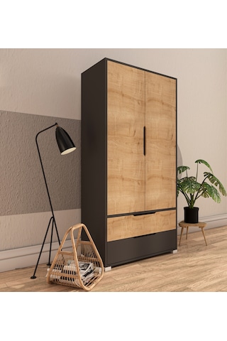 Flora 2 Kapaklı 2 Çekmeceli Gardırop Antrasit - Safir Meşe Elbise