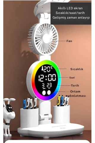 Monozone Rgb Şarjlı Led Masa Lambası Fanlı 4başlı Lamba Rgb Saat Ekranlı Kısılabilir Çalışma Lambası Beyaz