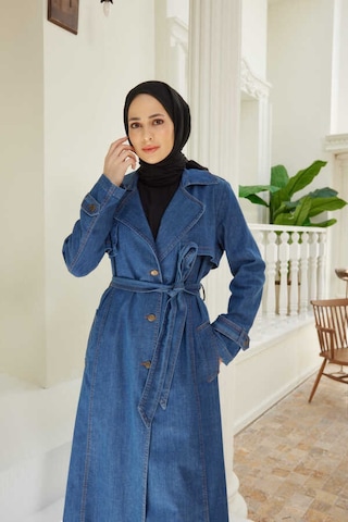 Neways 6458-Battal Allerli Denim Trençkot Koyu Mavi Mavi