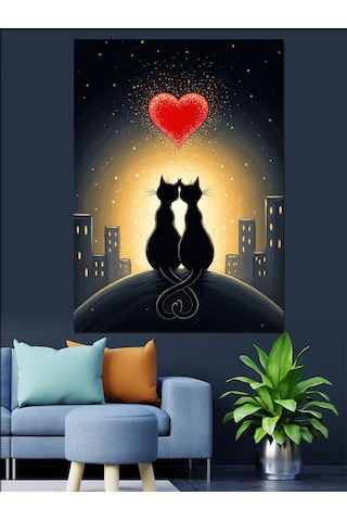 Ahşap Tablo İki Kedi Kalp Sevgisi Aşk Ve Şehir Çocuk Odası Tabloları
