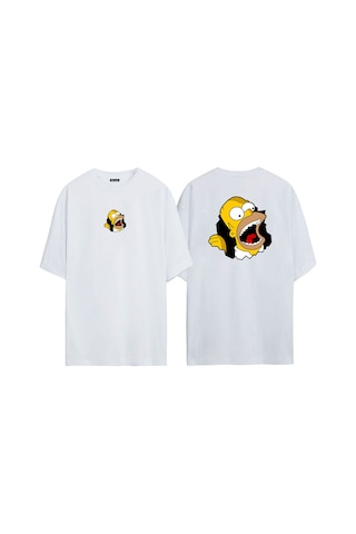Thewert Unisex Homer Simpson Ön Arka Baskılı Beyaz Oversize T-shirt