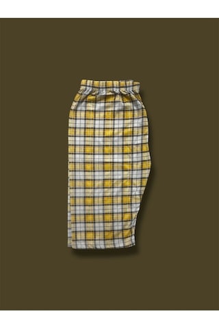 Desenli Penye Diz Altı Büyük Beden Anne Kadın Kapri Sarı Ekose
