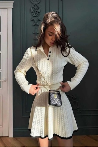 Sayzen Your Shine Polo Yaka Saç Örgülü Kazak-etek Triko Takım Sy-25100 Ekru
