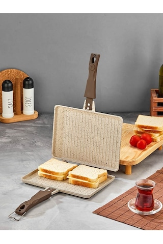Döküm Granit Ocak Üstü El Tost Makinası Krem Gümüş- Siyah