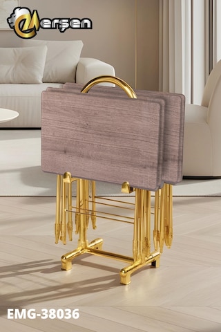 Eranş Serisi 4'lü Katlanır Mdf Mebran Ahşap Çanta Zigon Sehpa Gold Ayak Koyu Barok Desen Gold Ayak