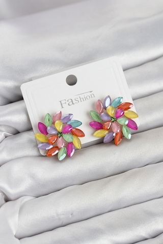 Karışık Renk Kristal Taşlı Çiçek Model Kadın Küpe Çok Renkli