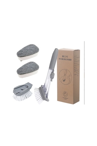 Monyee Otomatik Sabun Dağıtan Mutfak Temizlik Fırçası - Uzun Kolu, 2 Fırça + 2 Sponge Ucu İle Tabak, Tencere Temizliği Kolaylığı - Açık Gri