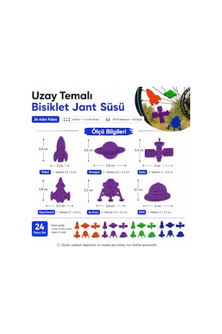 Uzay Temalı Bisiklet Jant Süsü 24 Parça 4 Renk 6 Farklı Model Mor