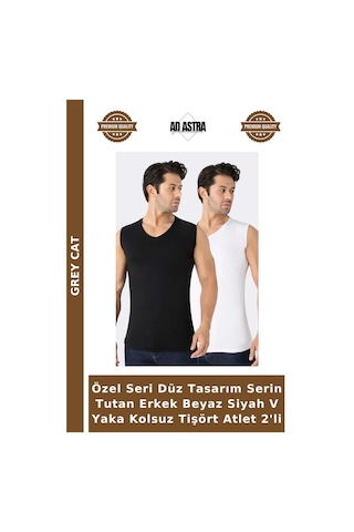 Grey Cat Özel Seri Düz Tasarım Serin Tutan Erkek Beyaz Siyah V Yaka Kolsuz Tişört Atlet 2'li