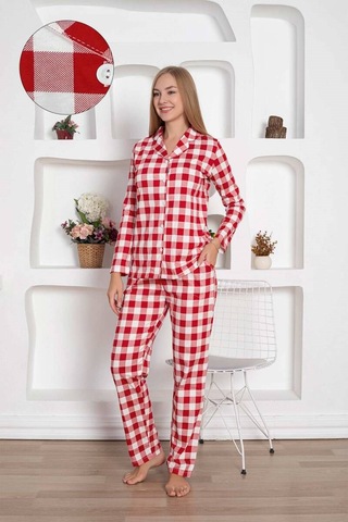 Alimer Kadın Ekose Desen Gömlek Yaka Önden Düğmeli %100 Pamuk Penye Mevsimlik Uzun Kol Cepli Pijama Takımı Kırmızı