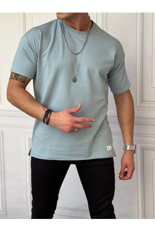 Modefendi Pamuk Likra Yırtmaç Detaylı 2 İplik Oversize Tshirt Mavi