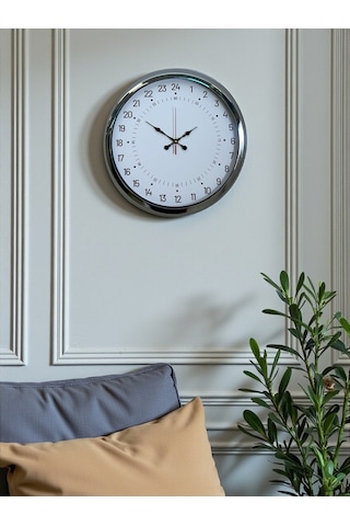 Krom 40 Cm Metal 24 Saat Göstergeli Özel Tasarım Duvar Saati