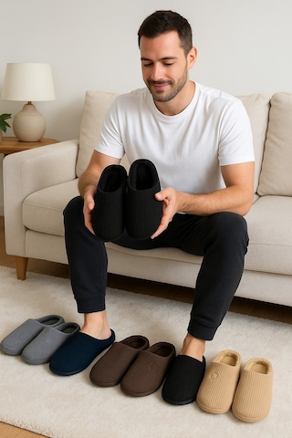 Velvet Erkek Ev Terliği Ses Yapmayan Taban Yünlü Terlik Gri
