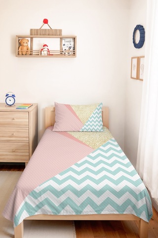 Pastel Geometrik Pembe Genç Kız Odası Tek Kişilik Pike Takımı - Zigzag Mint 160x220 Cm Yatak Örtüsü Gri