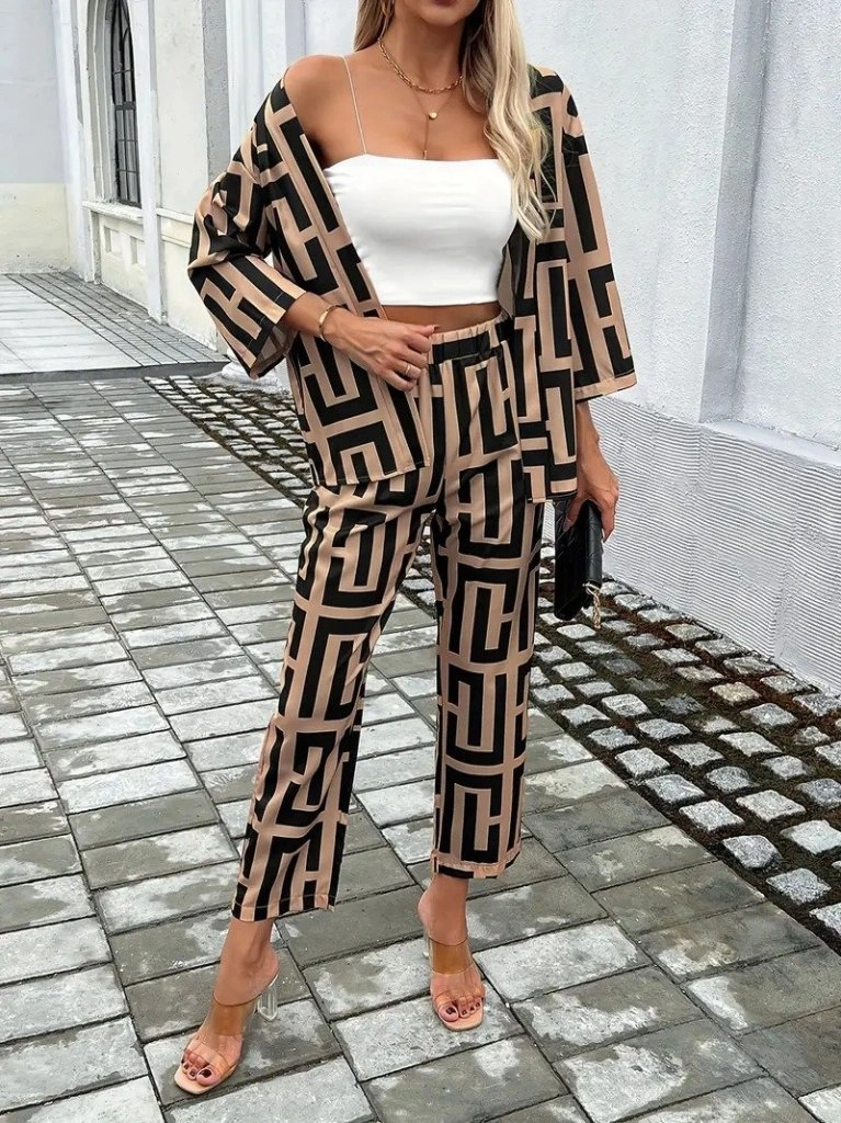 Tua Moda Kadın Uzun Kollu Önü Açık Desenli Iki Iplik Ceket Ve Pantolon Ikili Takım Kahve