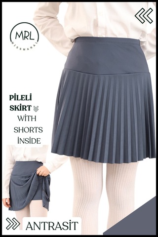 Kız Çocuk Pileli Etek Antrasit Yüksek Bel İçi Şortlu Likra Kumaş Okul-oyun-spor-etkinlik Eteği 4103 Antrasit / Gri