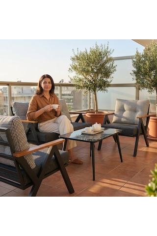 Venedik 2+1+1+sehpa Metal Balkon Takımı Keten Dokulu Kumaş Siyah Metal - Bahçe Teras Oturma Grubu