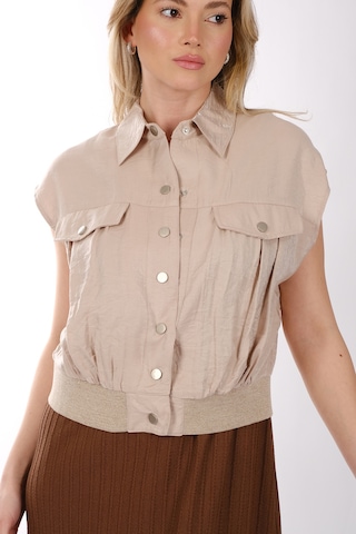 Ysatis Minimalist Kolsuz Crop Yelek - Gömlek Yaka Bej