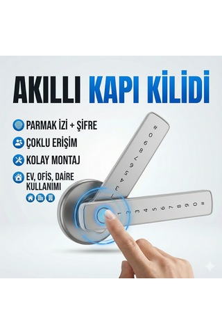 Şifreli Kartlı Telefondan Kontrol Pvc Alüminyum Ahşap Uyumlu Parmak İzli Akıllı Kapı Kolu Gümüş