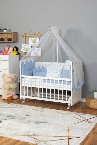 Ahşap Beşik Anne Yanı Beşik Beyaz 60x120 Mavi Prens Erkek Uyku Seti Yatak Tekerlekli Beyaz