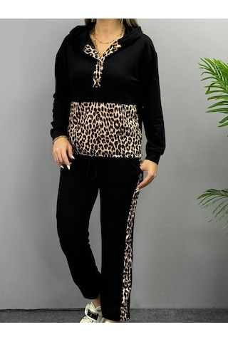 Emh Store Kadın Uzun Kollu Leopar Detay Sweat Ve Yanı Leopar Şerit Detay Pantolon Ikili Takım Siyah