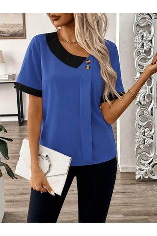 Mareandpanda Kadın Kısa Kollu Asımetrik Yaka Detaylı Düğmeli Dubai Bluz Mavi