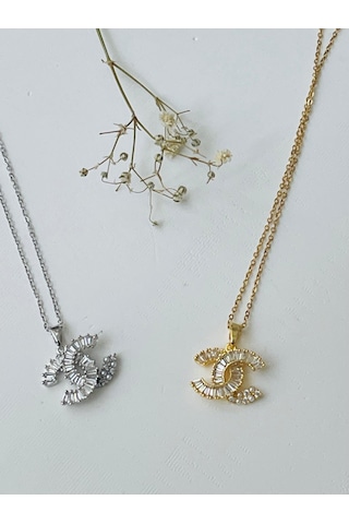 Zirkon Taşlı Su Yolu Model Marka Chanel Çelik Kolye Altın - Gümüş