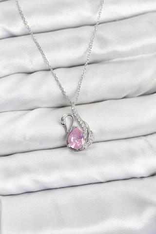 316l Çelik Zincir Gümüş Renk Pembe Kuğu Model Zirkon Taşlı Kadın Kolye 5886 Çok Renkli