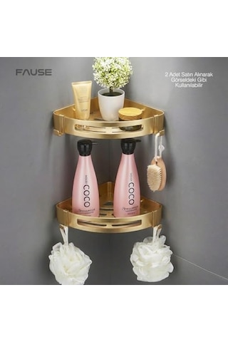 Fause Banyo Köşe Rafı 304 Paslanmaz Çelik 23x23 Cm Şampuanlık Kbk100 Fırçalanmış Altın 000 Açık Krem