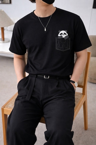 Tarz Cool Panda Baskılı Unisex Basic Tişört Rahat Kesim Günlük Stil Siyah